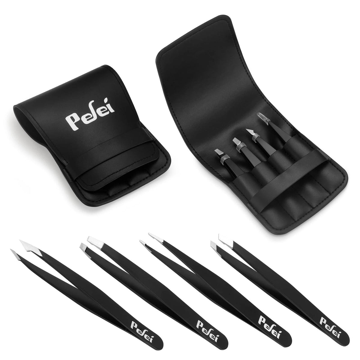 Pefei Tweezers Set - Professional Stainless Steel 4 Piece set, Black