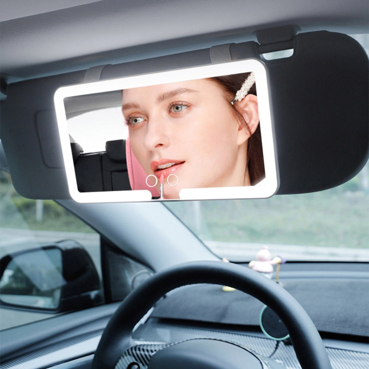 Rechargeable Car Visor Makeup Mirror With Bicolor LED And Adjustable Straps