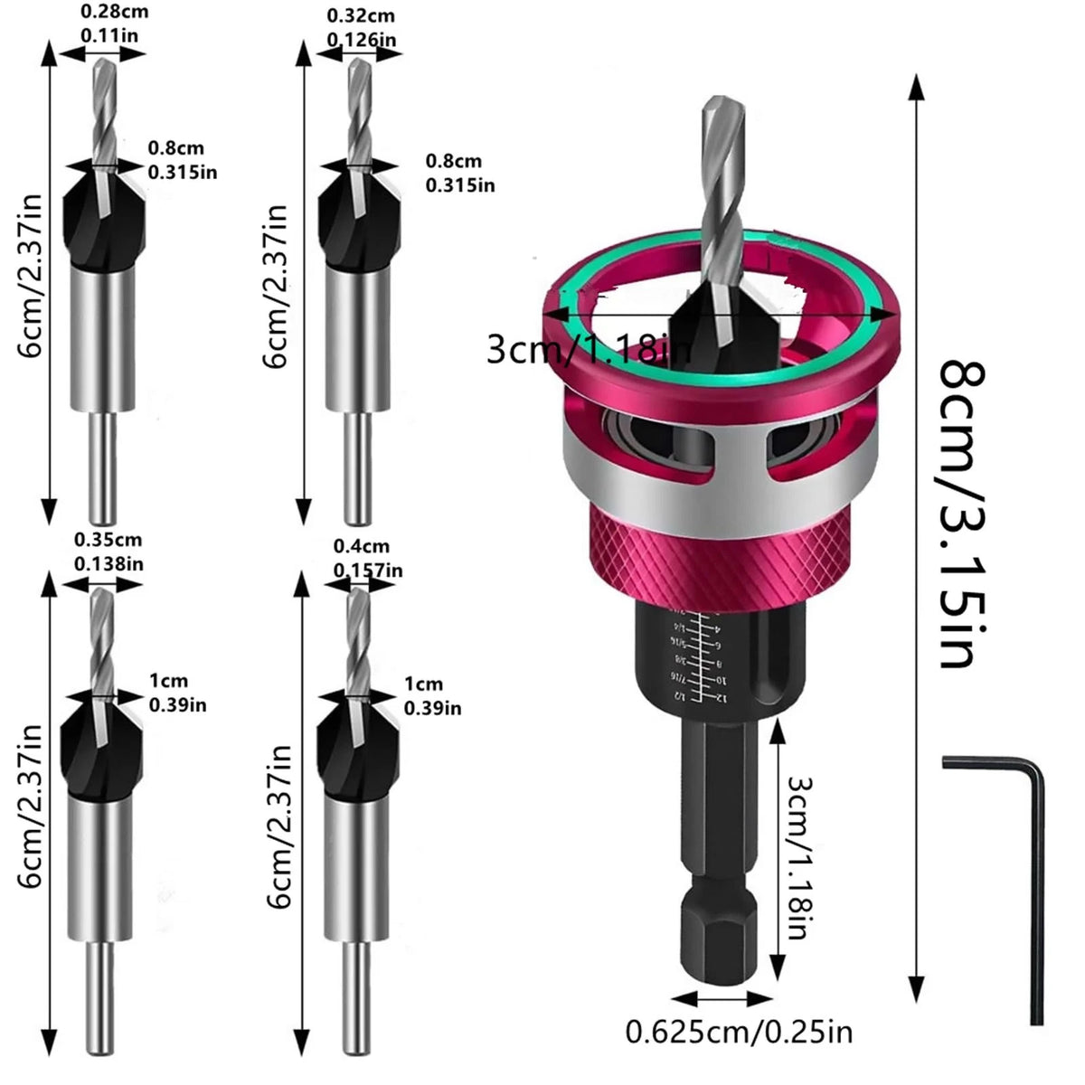 6PCS Adjustable Depth Countersink Set for Wood Screw Holes and Head Sinking