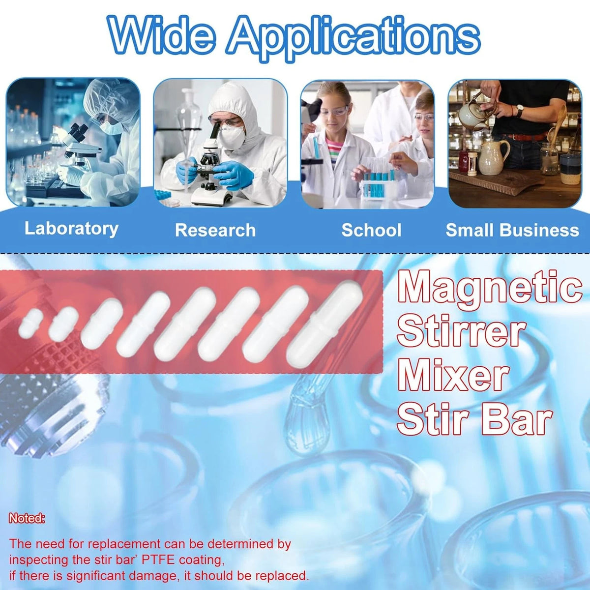 Magnetic Stir Bar Set, Lab Type-B Mixed Size PTFE B-Type Mixed, White