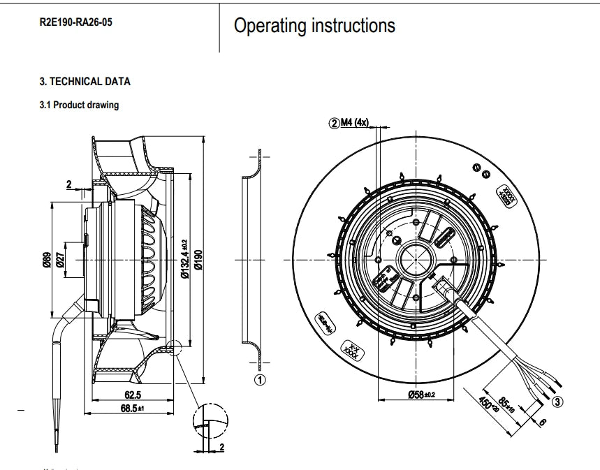 R2E190-RA26-05 Ebmpapst Centrifugal Fan 230VAC 65/62W 0.29A ??190mm Cooling Fan