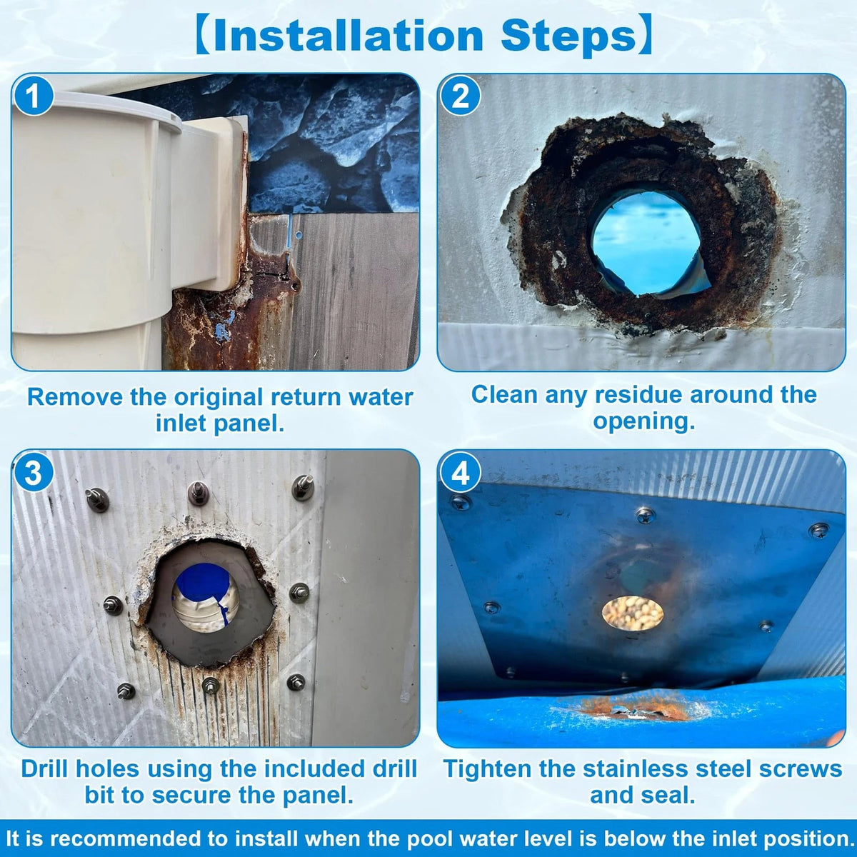 8"x 8" Stainless Steel Pool Water Return Repair Kit with 2-3/8" Hole Sliver