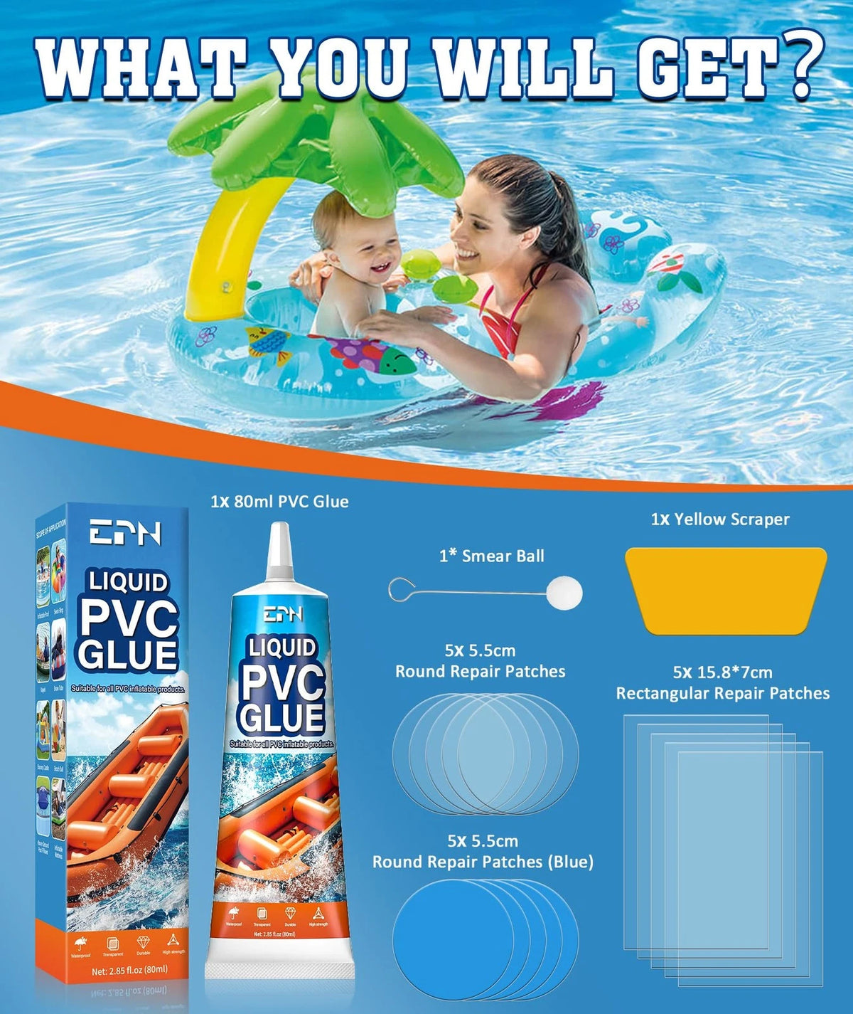 EPN Air Mattress Patch Kit, Waterproof Vinyl Pool Liner Repair Kit for Clear