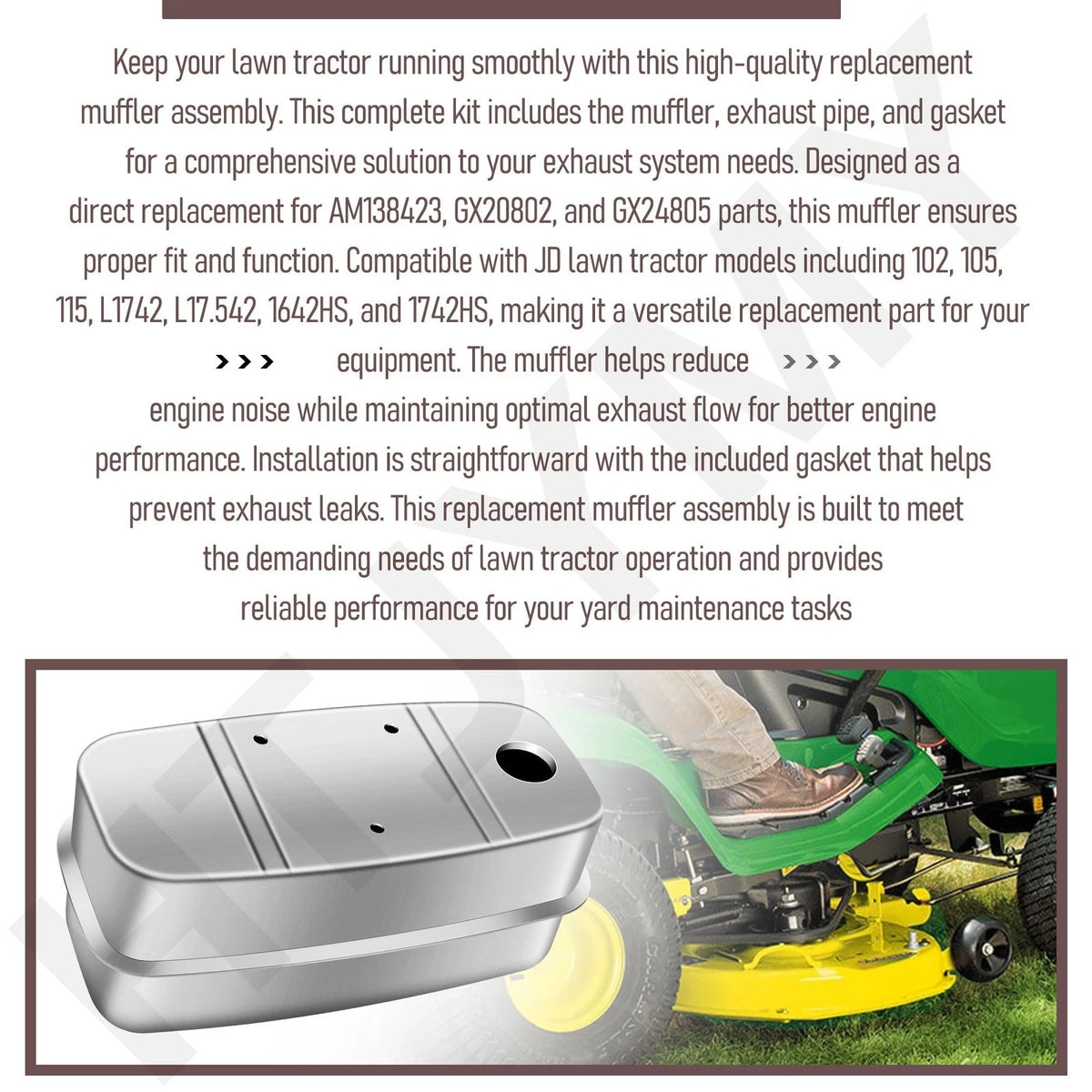 AM138423 Lawn Tractors Muffler W/Exhaust Pipe & Gasket, Replaces AM138423...