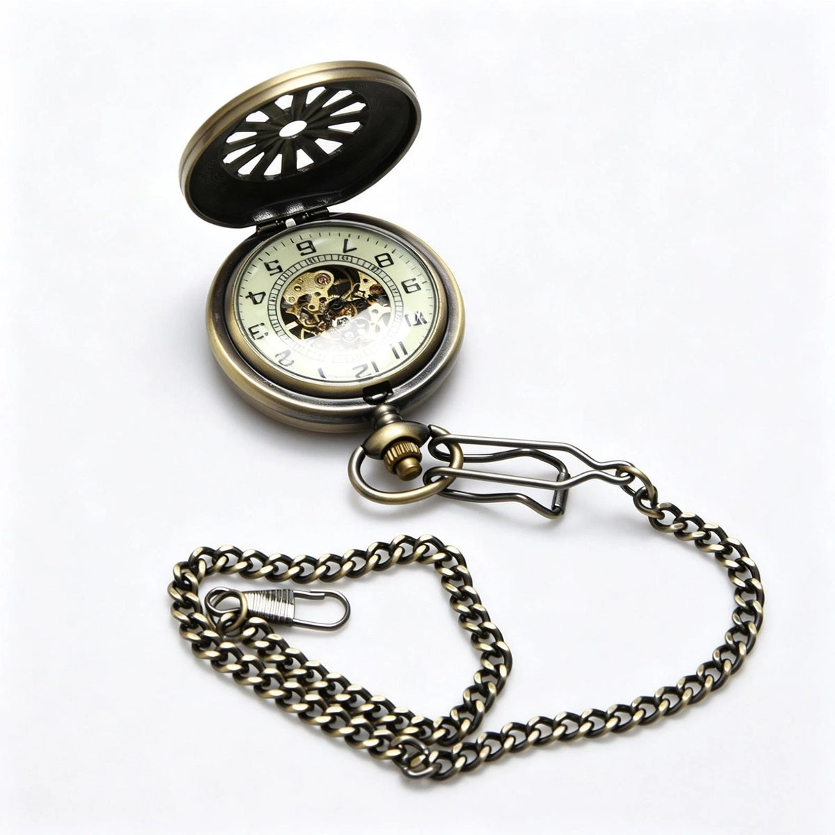 Classic Mechanical Black Steampunk Skeleton Pocket Watch with Chain For Men