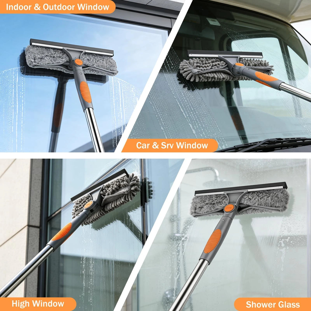 SetSail Window Squeegee with 66in Extension Pole 2-in-1 Grey Orange
