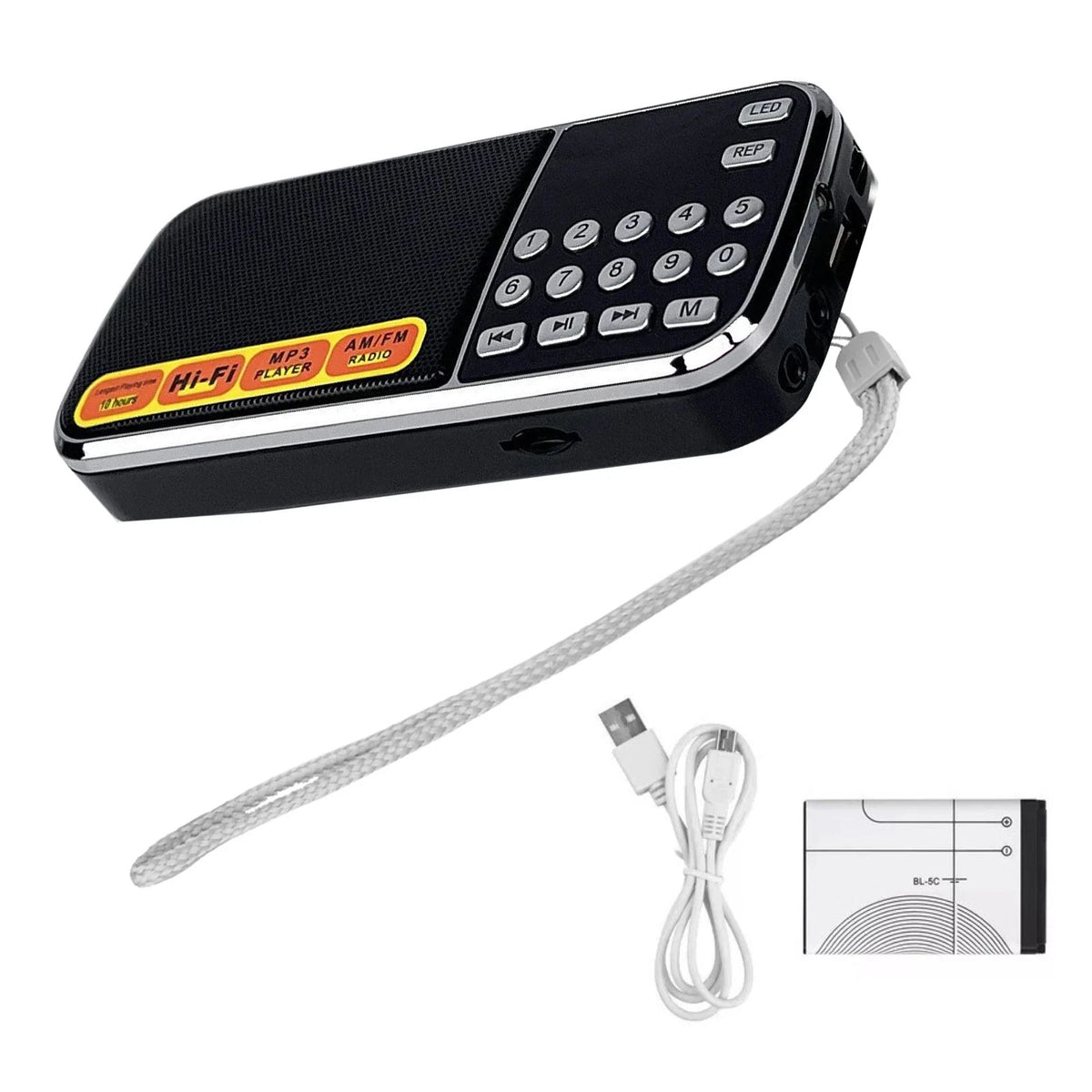 Portable Radio AM FM Digital Screen uses a rechargeable BL-5C lithium battery