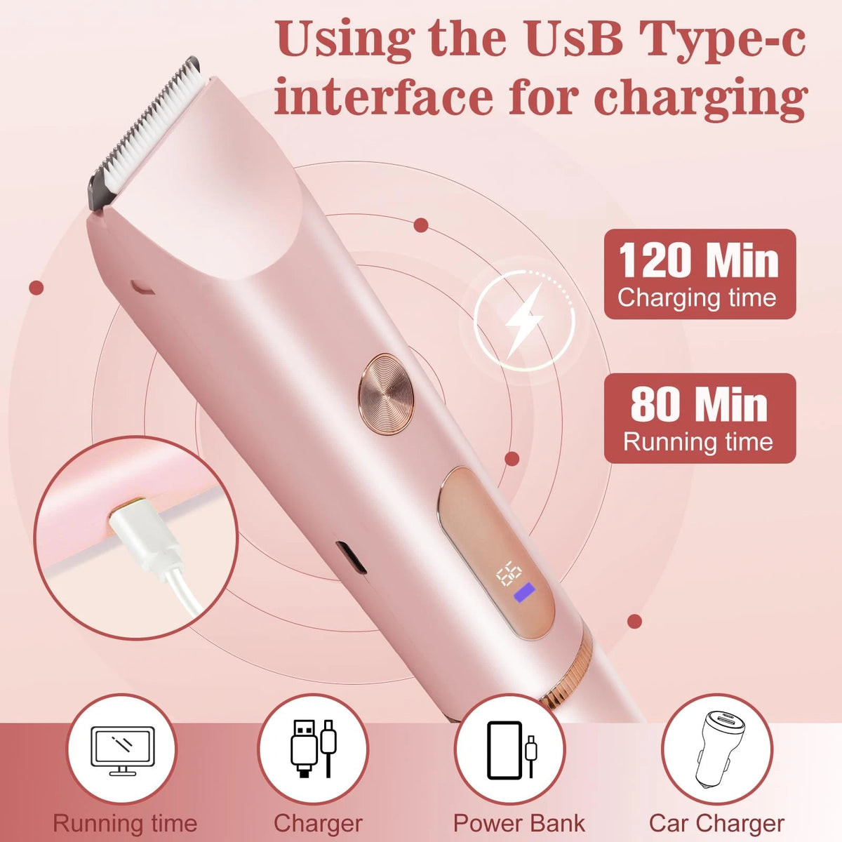 Bikini Trimmer for Women 2in1 High Power Epilators Hair Removal Pink