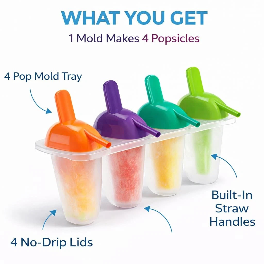 Ice Lolly Popsicle Molds with Straw 4 Pack BPA Free Medium, Multicolor