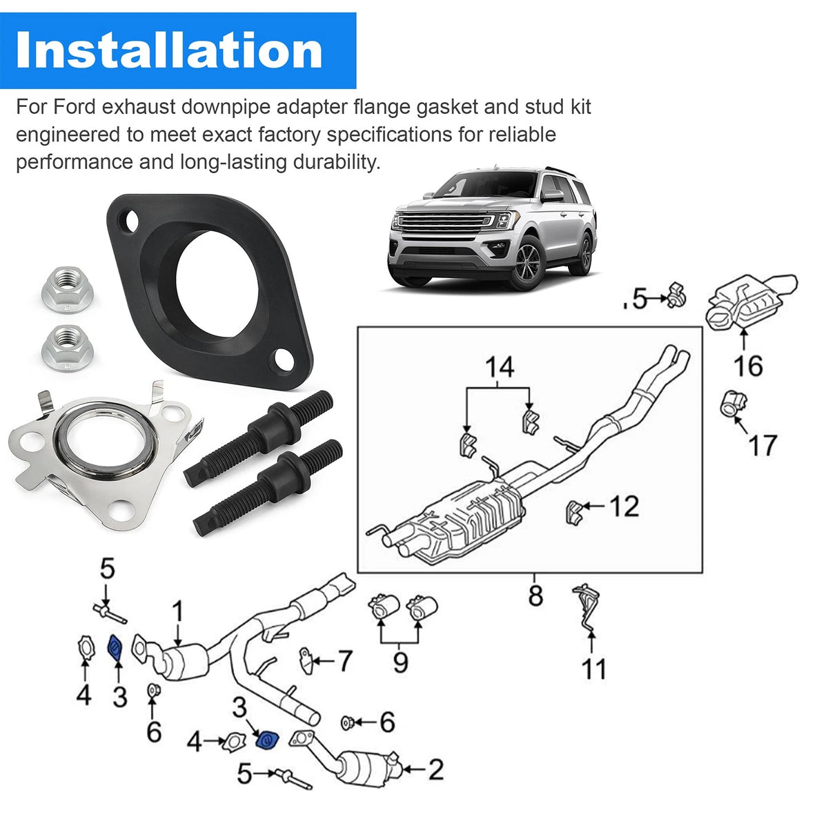 Catalytic Converter Adapter & Gasket Kit BL3Z9N496A for Ford EcoBoost V6 Engine