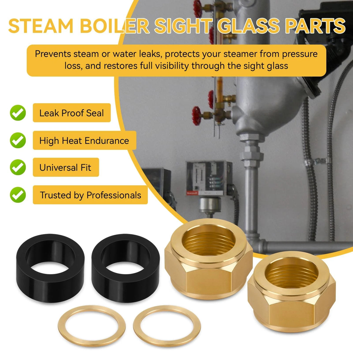 Sight Glass Steamer Parts 5/8" ID Gaskets, Washers, Brass Nuts Black, Gold