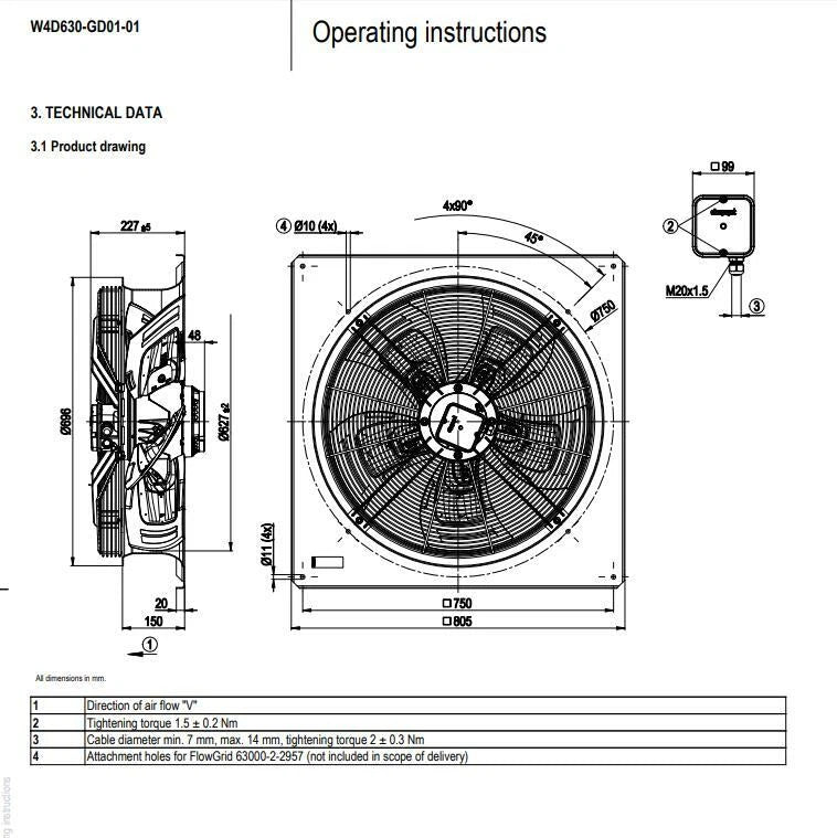 W4D630-GD01-01 IP54 Axial Fan 400VAC 1320RPM Ebmpapst Dry Cooler