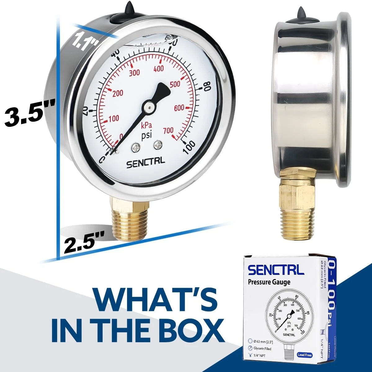 SENCTRL 100 Psi Lead-Free Glycerin Liquid Filled Low Pressure Gauge, 0-100Psi