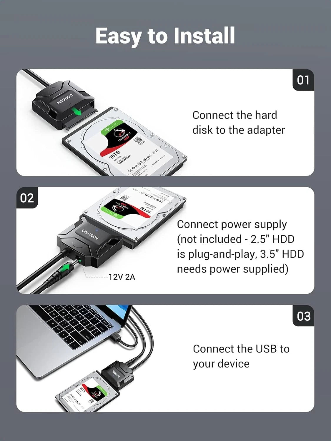 UGREEN SATA to USB 3.0 Adapter Cable for 3.5 2.5 Inch SSD/HDD Hard Black