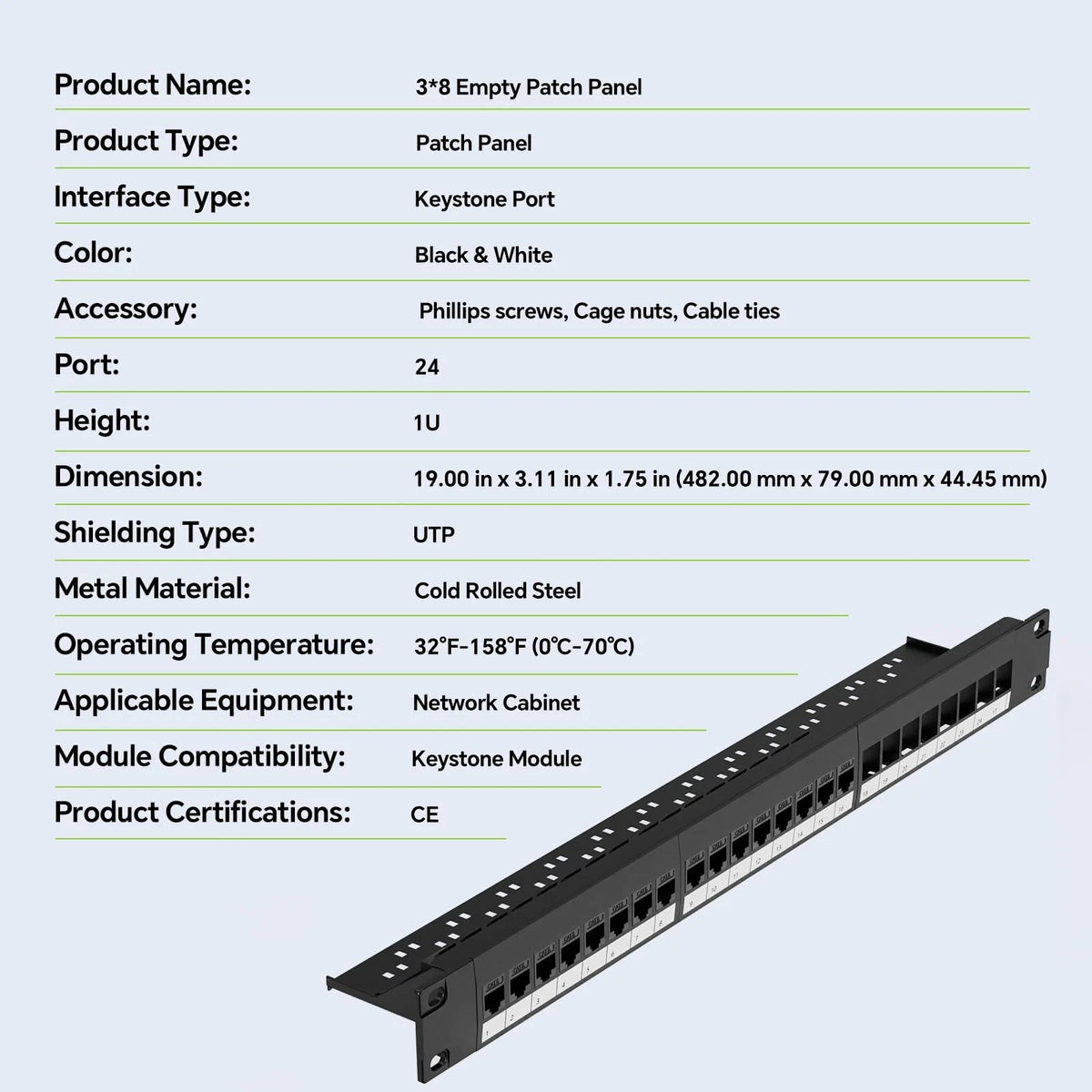 LEENUE 24 Port Blank Keystone Patch Panel, 24 Panel - Blank, Black