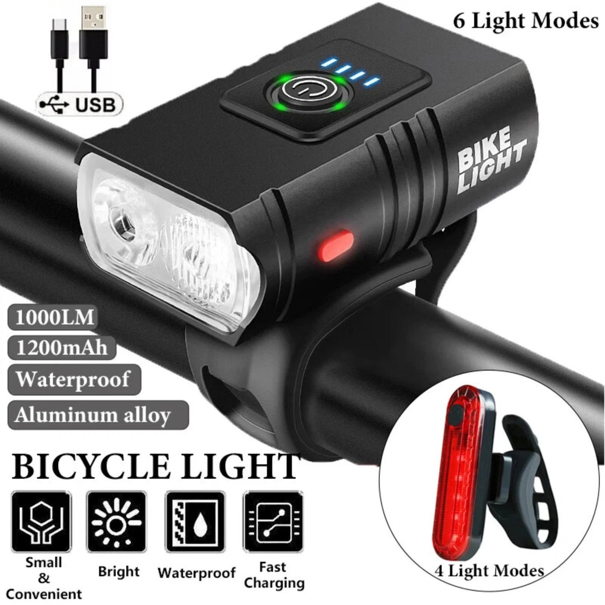 1000LM USB Bike Lamp Set Aluminum Alloy Front and Rear IPX5 Waterproof 6 Modes