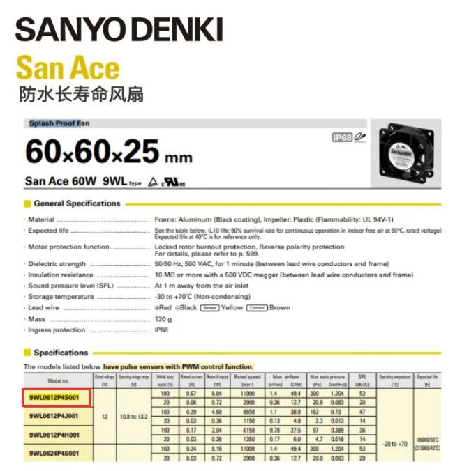 SANYO 9WL0612P4S001 SanAce Fan 12V 0.67A 60*60*25MM IP68 Splash Proof Axial Fan