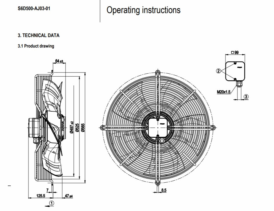 Ebmpapst Fan S6D500-AJ03-01 Axial Fan 400/480VAC 415W φ500MM Air Conditioner Fan