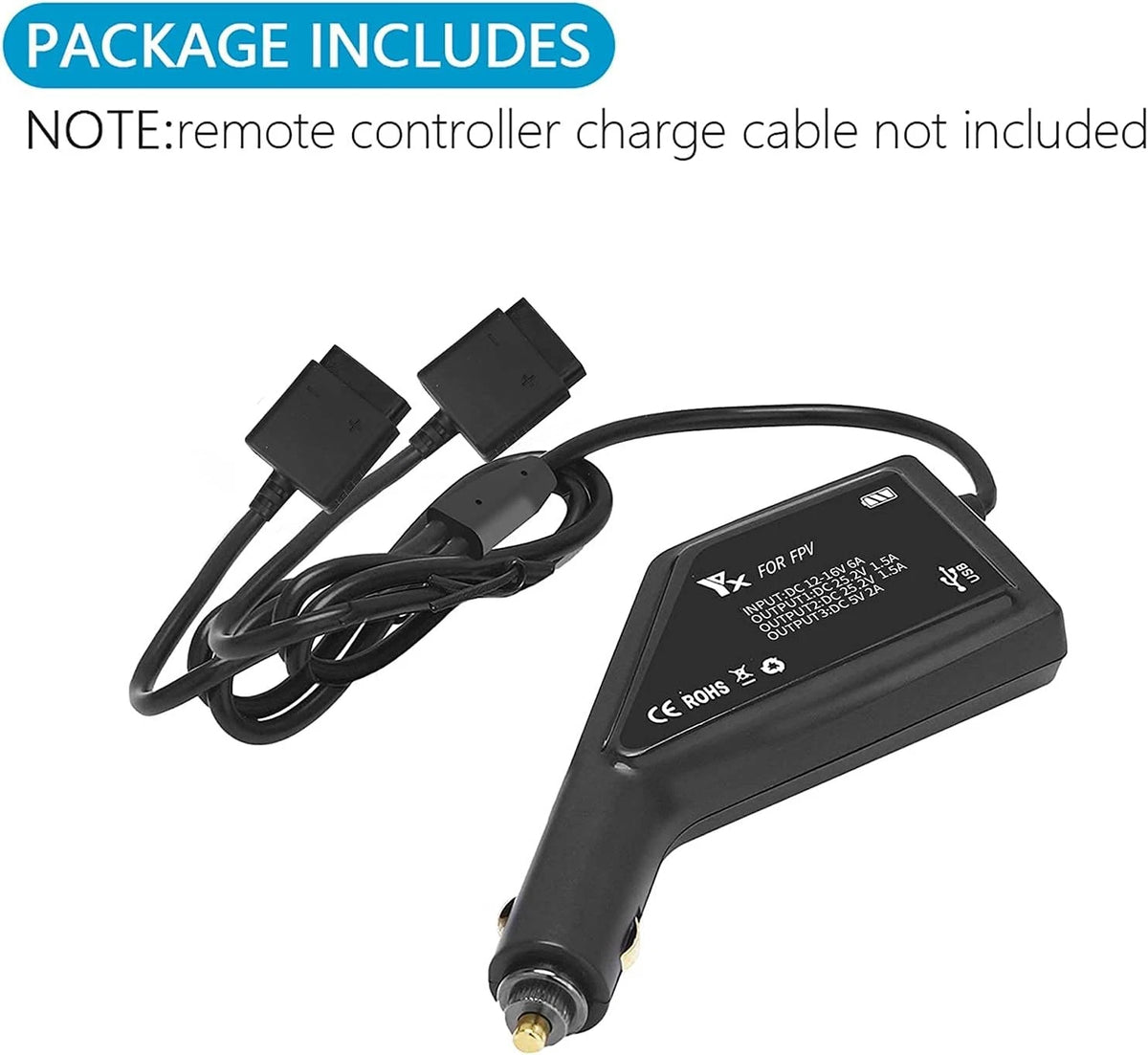 Hanatora 3 in 1 Battery Car Charger for DJI FPV Drone and Remote Black, Grey