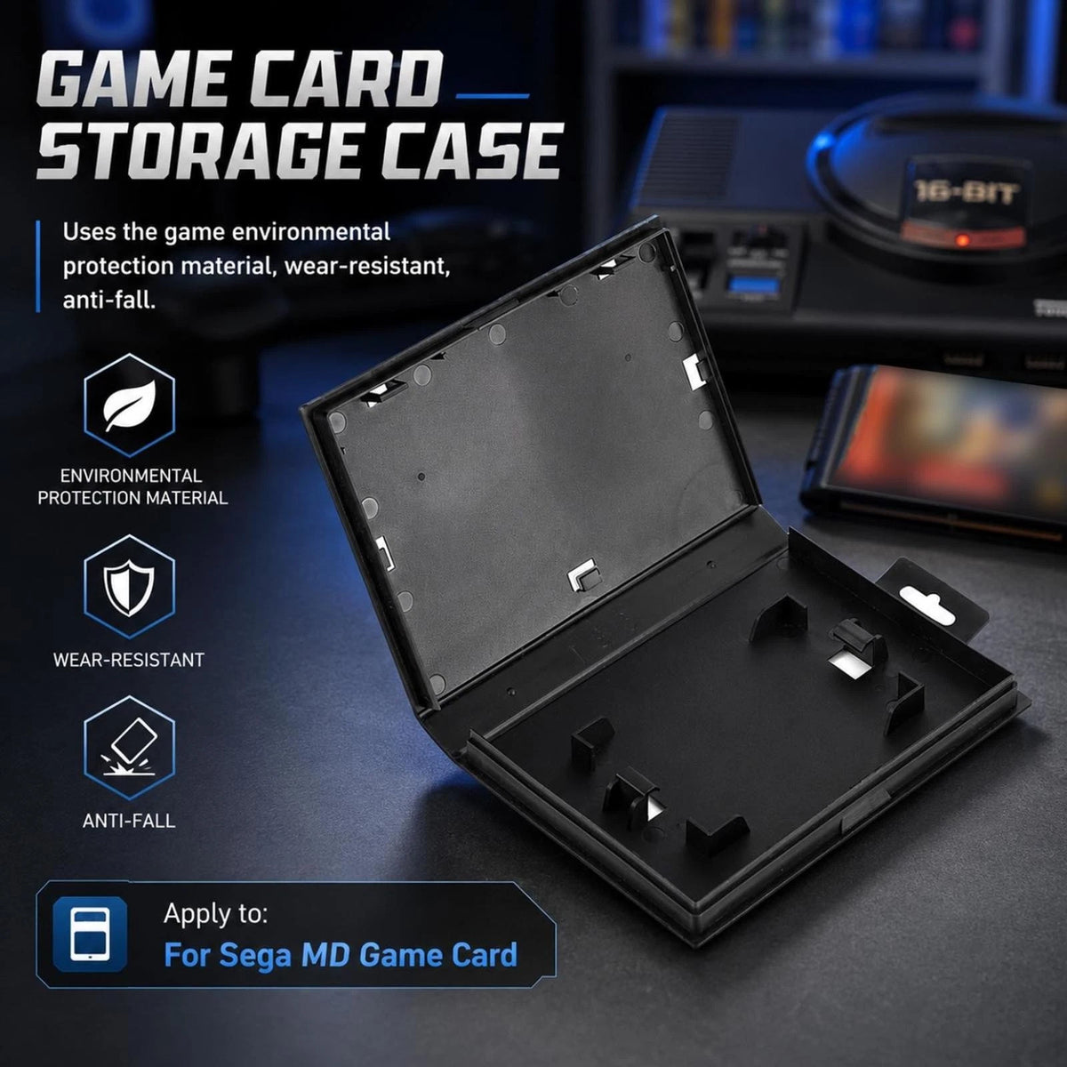 ABS Black Portable Box Storage Case Replacement For Sega Genesis Game Card