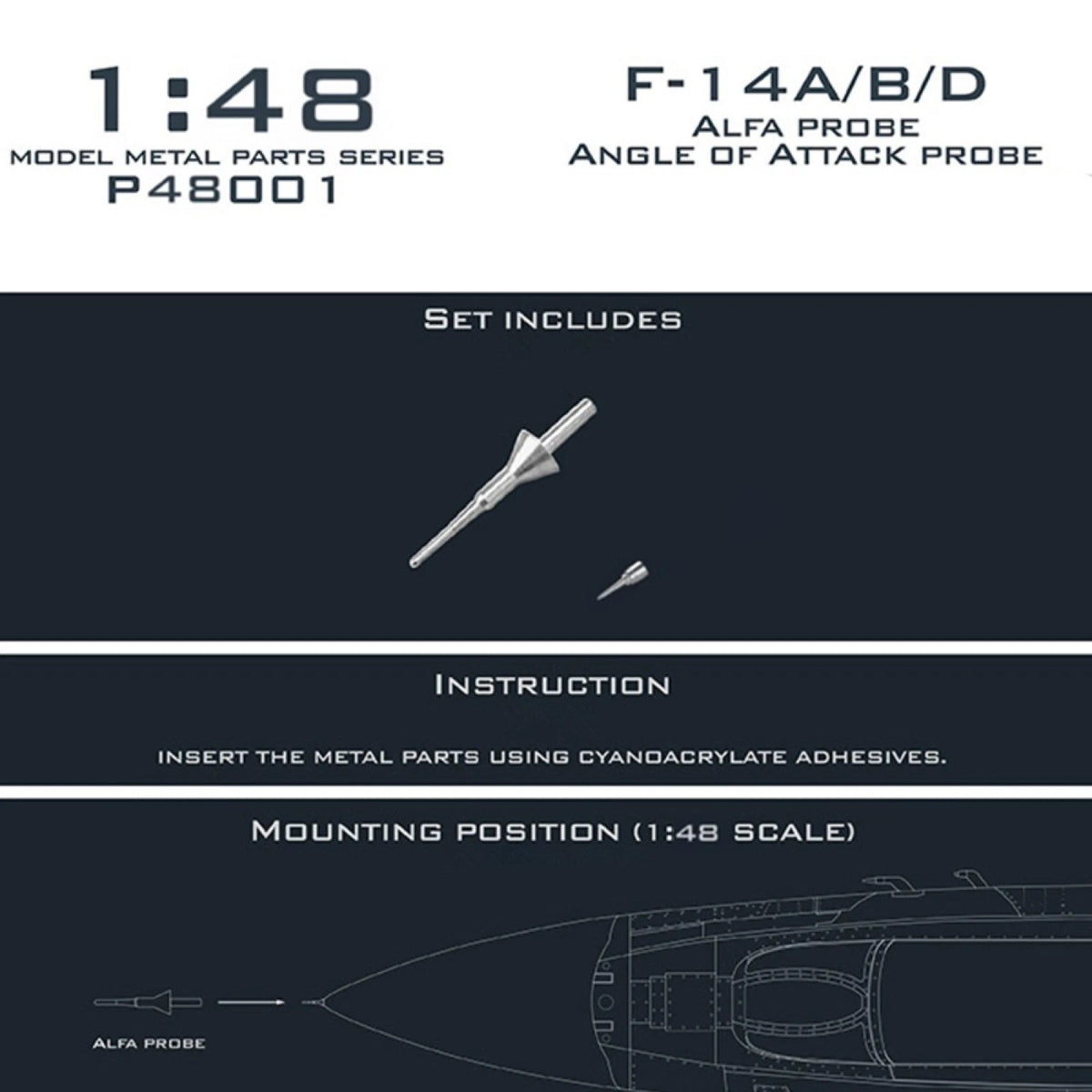 Metal Pitot Tube + Angle of Attack For 1:48 F-14A/B/D Fighter Model Repair Parts