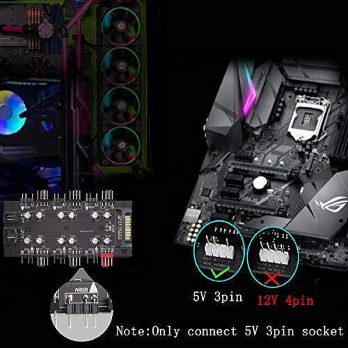 SATA 1 to 6 Way PWM /ARGB Device Expander 4Pin Cooling Fans Hub Splitter Adapter