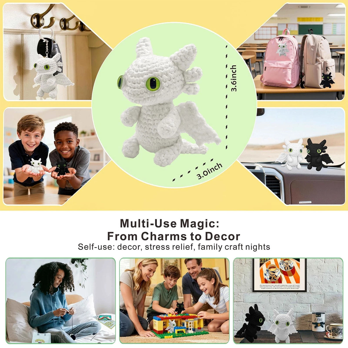 LuNuaFvy Crochet Kit for Beginners, Medium, Green Eyes Dragon-Black&White