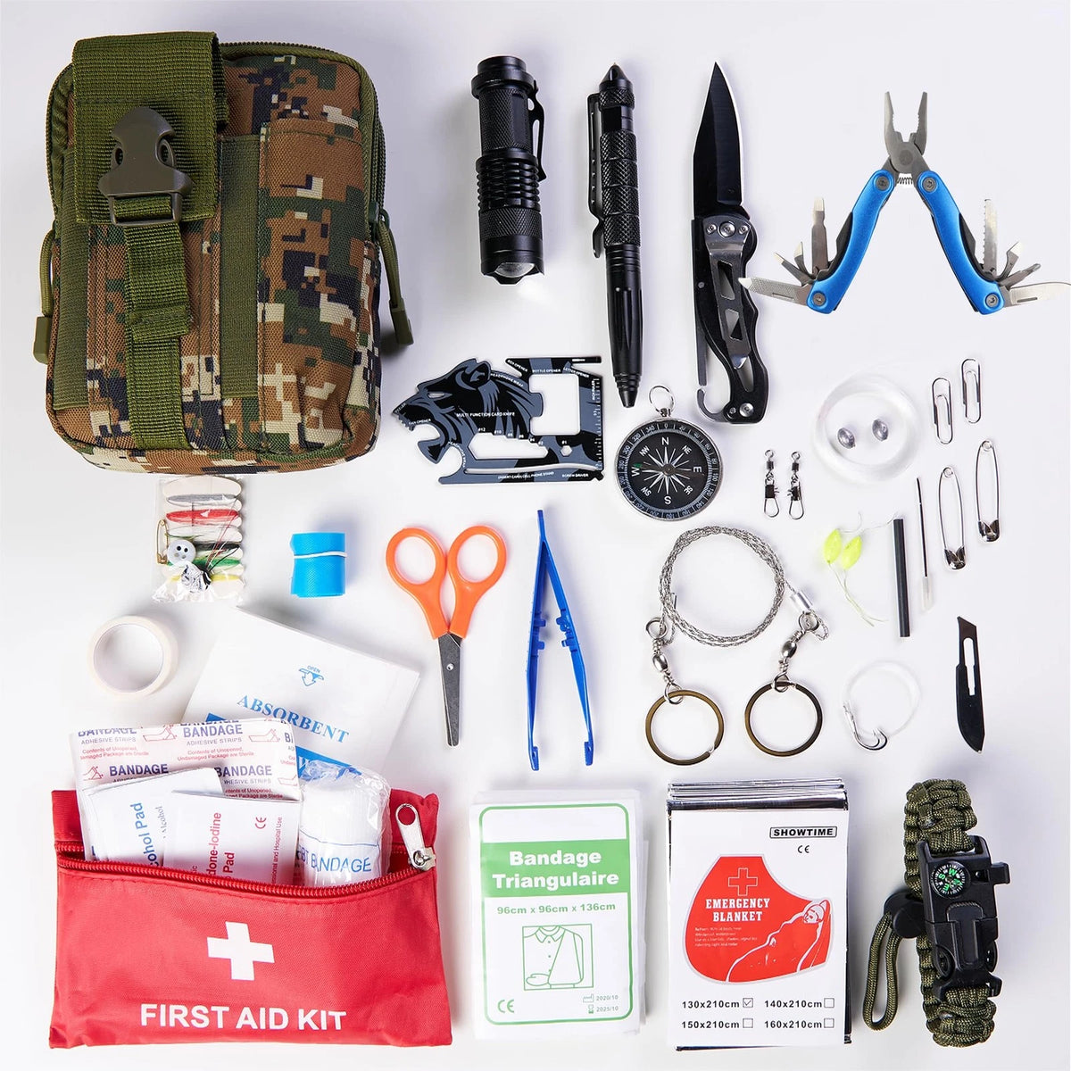 Survival Kit Emergency Supplies -67 Pcs, 14-in-1 Gear: Camo Green