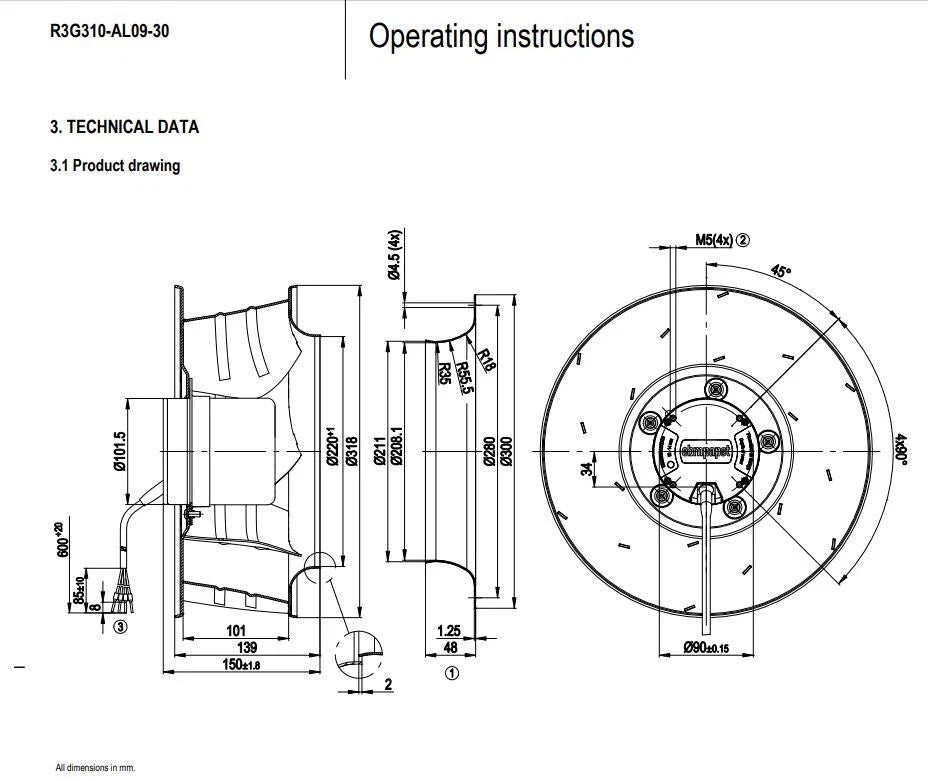 Ebmpapst R3G310-AL09-30 Centrifugal Fan 48VDC 208W 310mm 1930RPM Cooling Fan