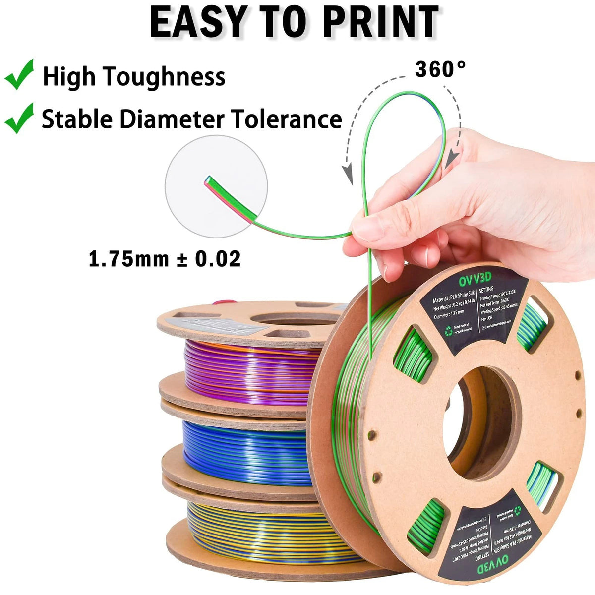 OVV3D 3D Printer Filament 1.75 millimeters, 4 Pack Tri-color & Dual-color