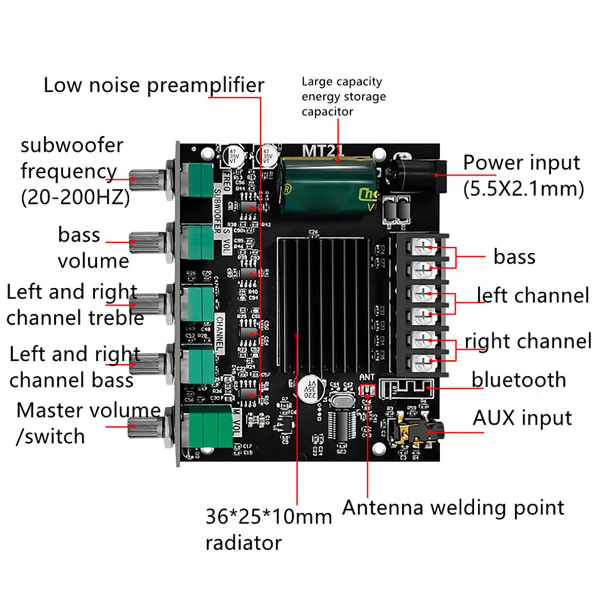 1*MT21 2x50W+100W 2.1 Channel BT5.0 AUX Digital Power Subwoofer Amplifier Board