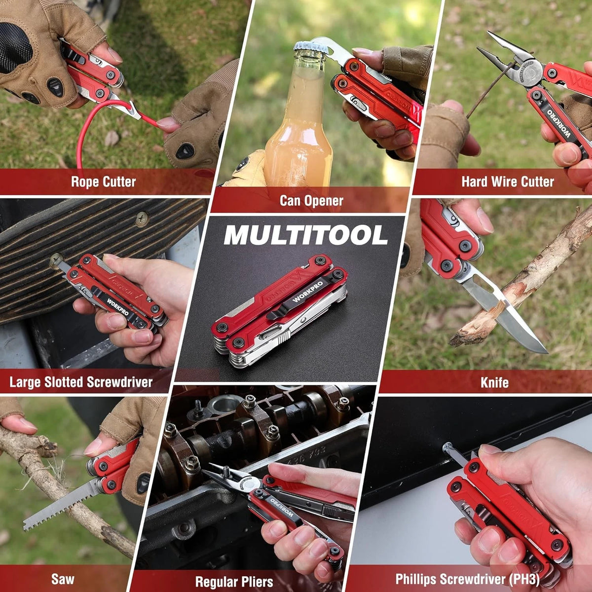 WORKPRO 18-in-1 Multi Tool Pliers, Gifts for Dad, Stainless 18-in-1, Red