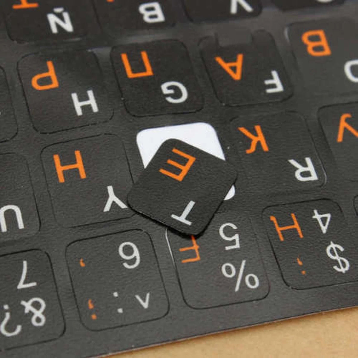 2Pcs Plastic Russian Standard Keyboard Layout Sticker Orange Letters on Black.