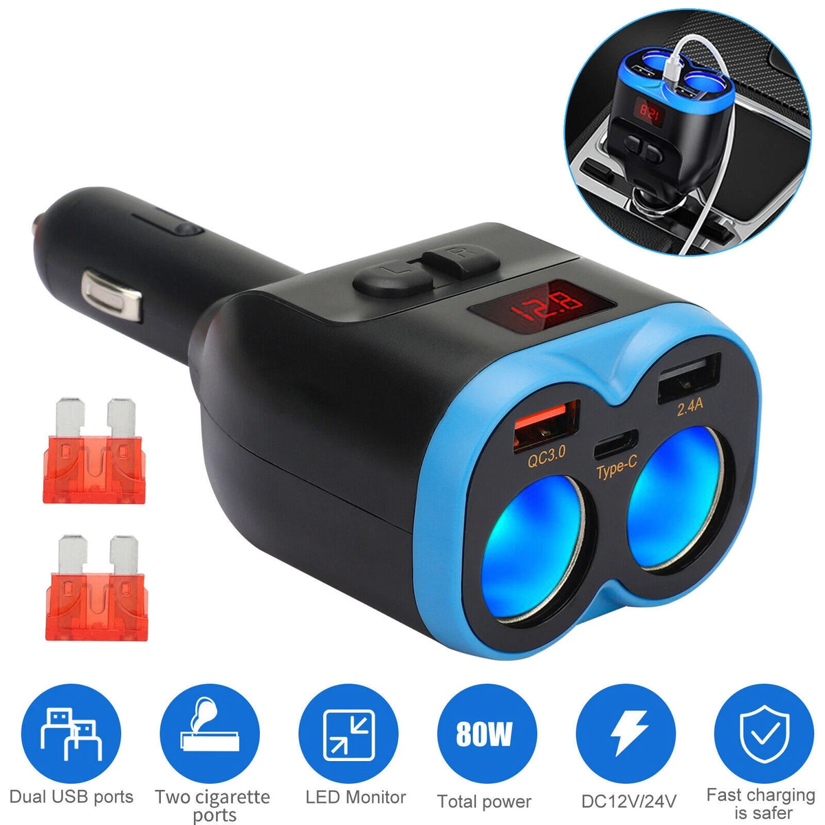 Dual USB Car Cigarette Lighter Socket Splitter Power Adapter Charger Outlet 12V