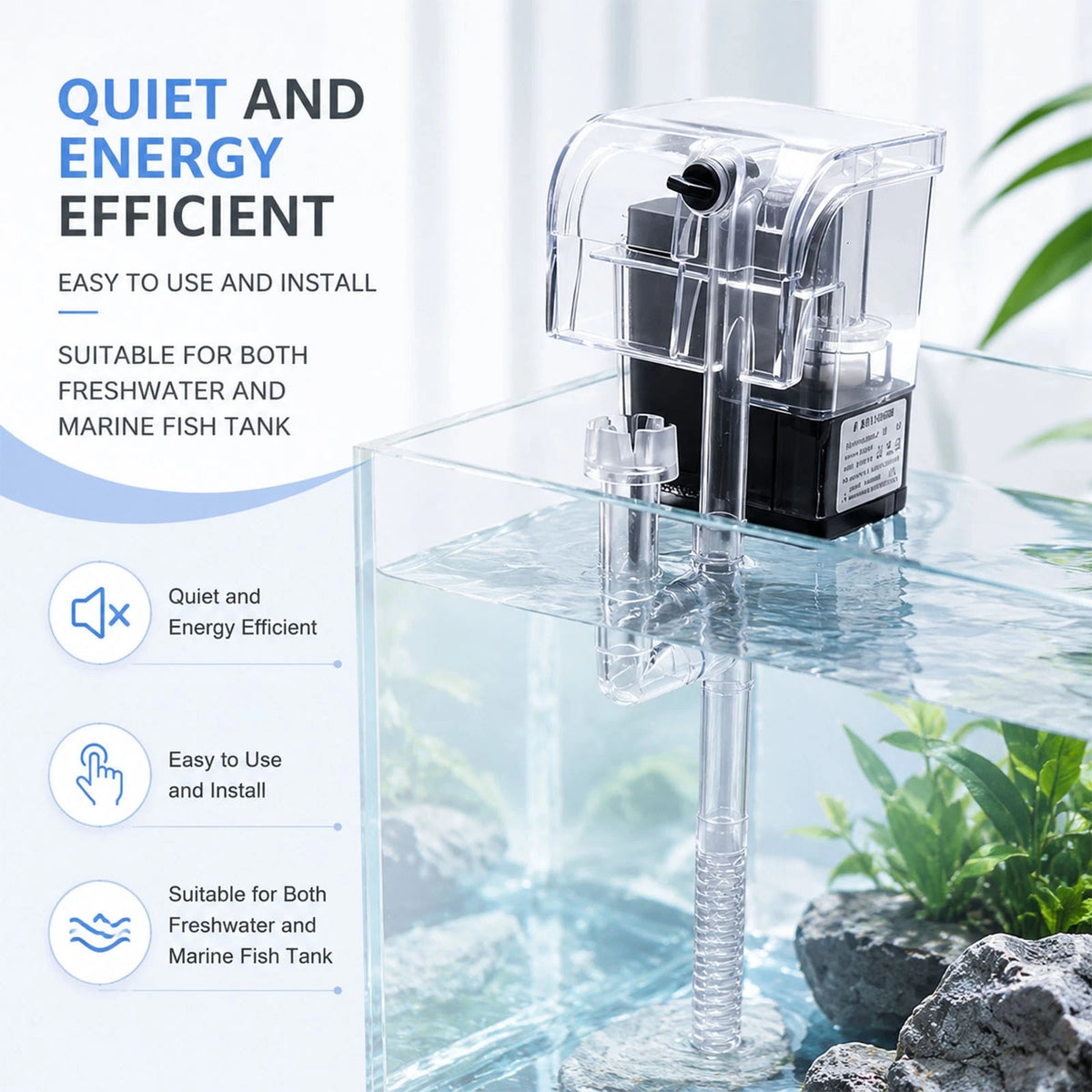 Quiet Energy Efficient Aquarium Waterfall Hang On Filter 250L/H 3W Cascade ABS
