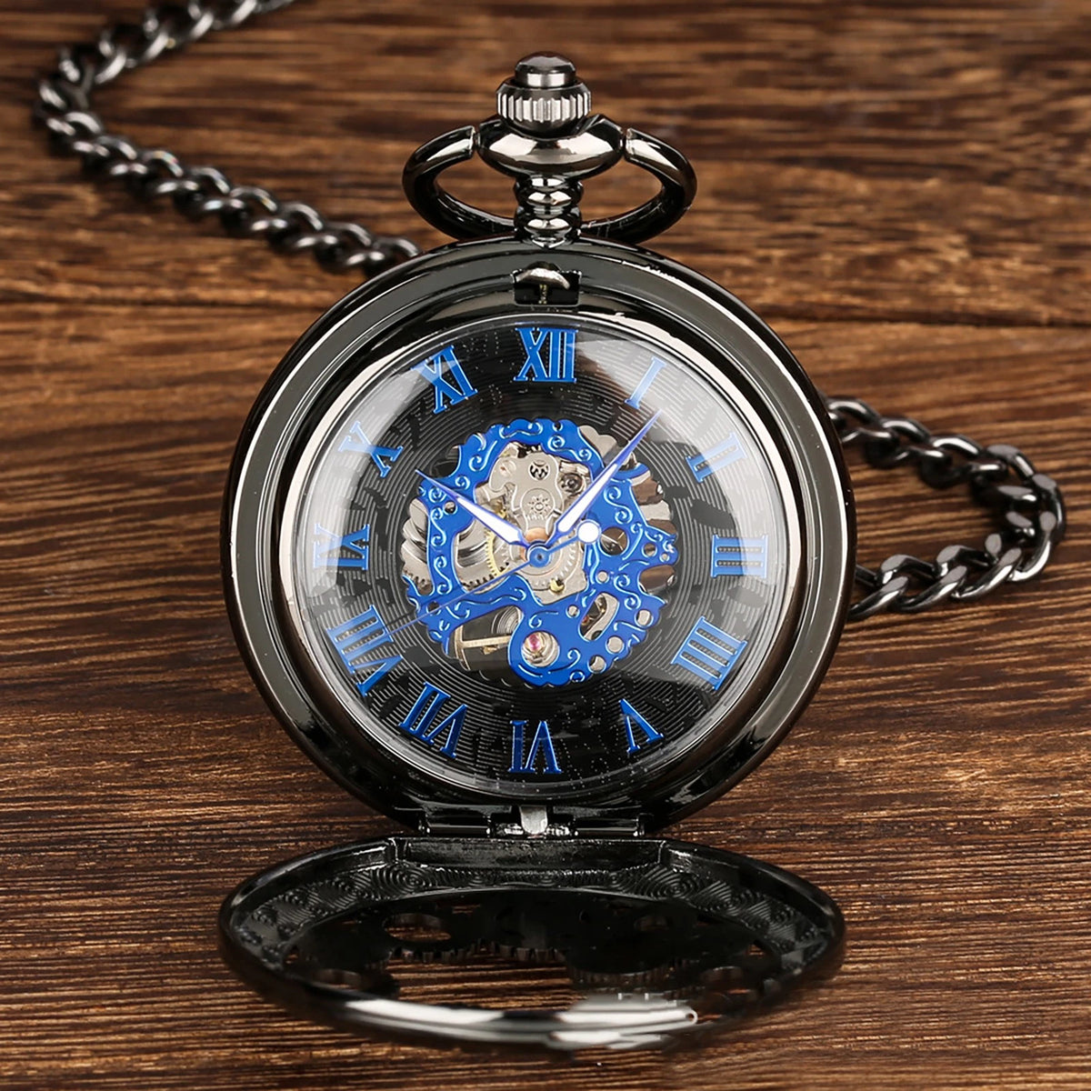 Mens Skeleton Mechanical Pocket Watch Hollow half Hunter Pocket Watch with Chain