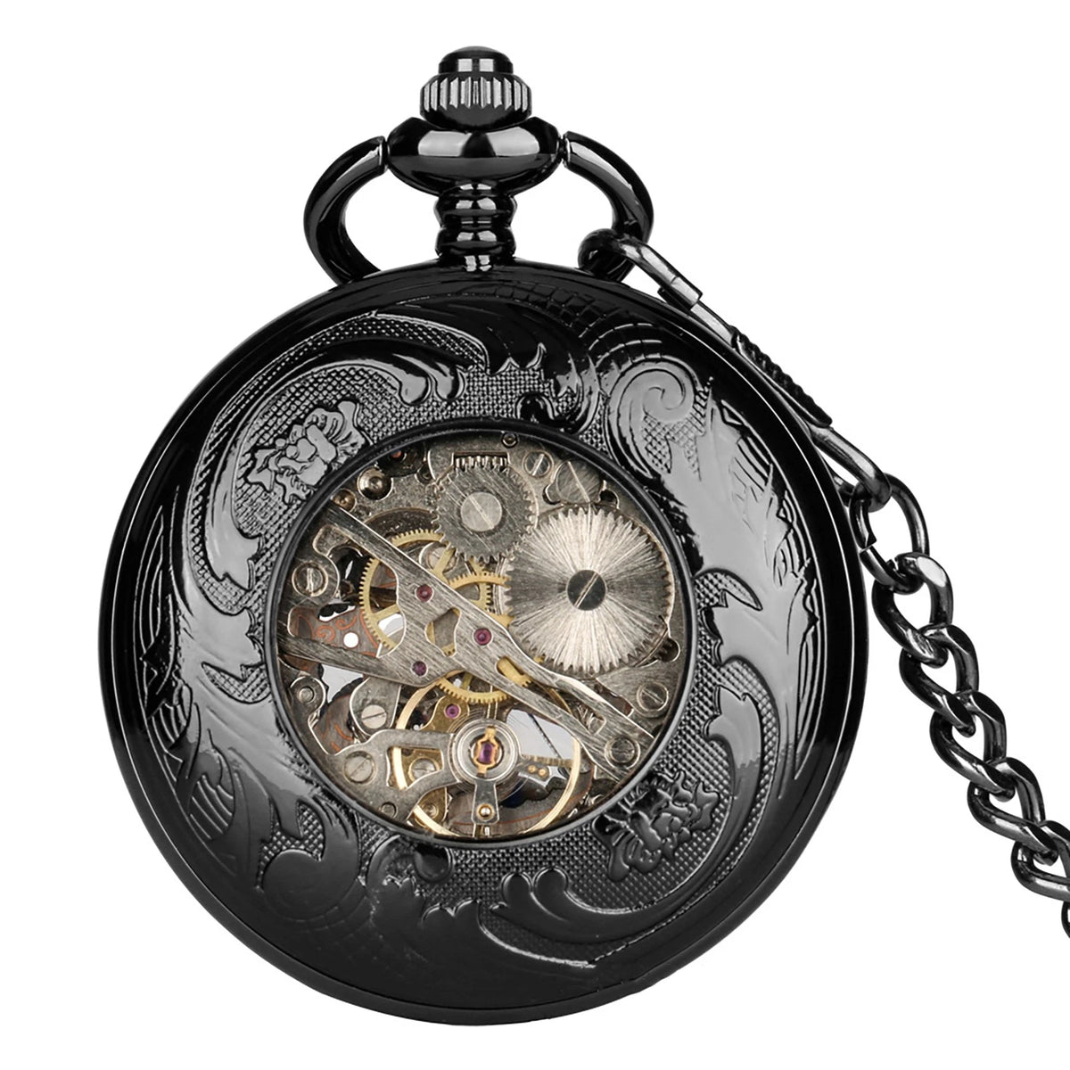 Mens Skeleton Mechanical Pocket Watch Hollow half Hunter Pocket Watch with Chain