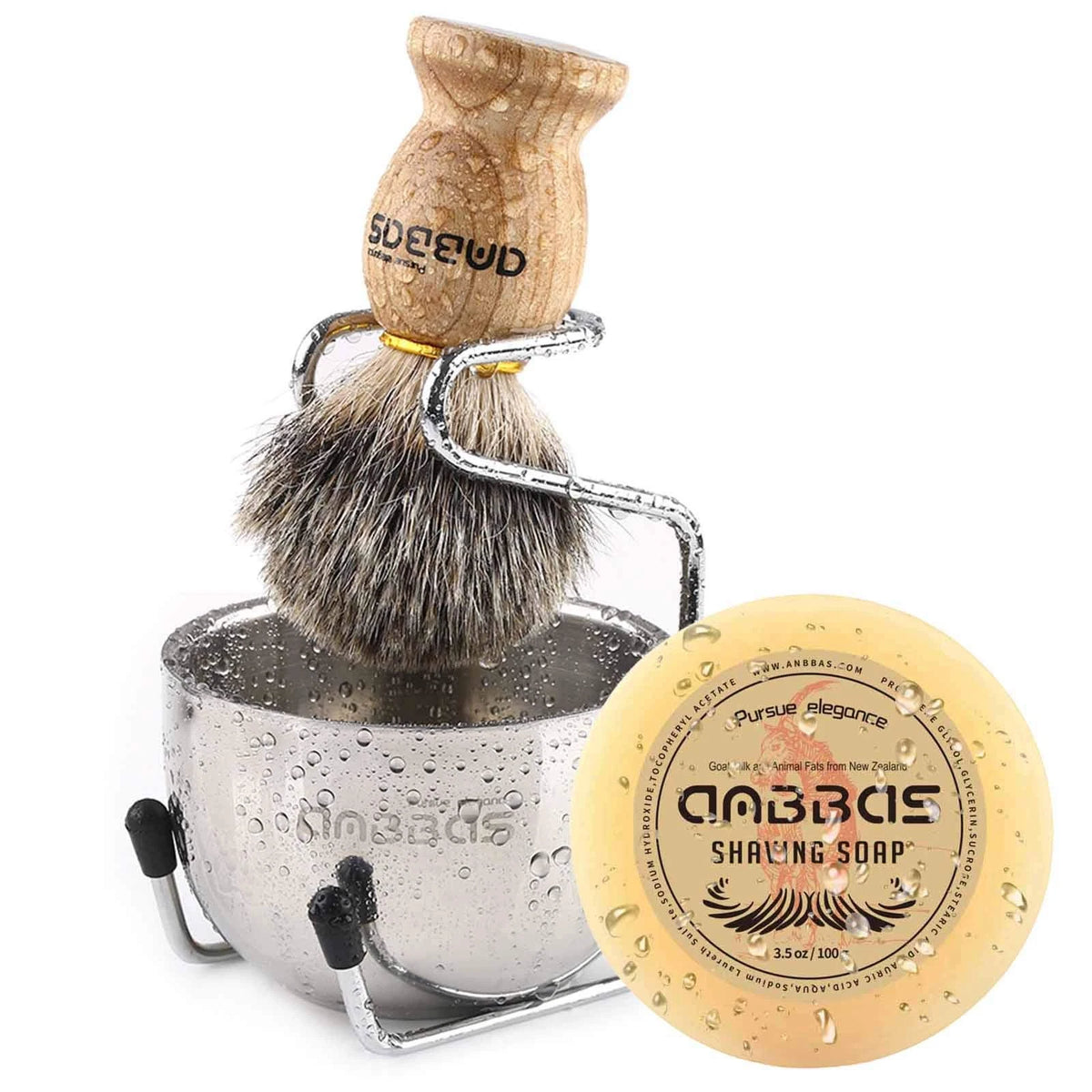 Anbbas Badger Hair Shaving Brush with Wood Handle,Goat Milk 5 Piece Set,