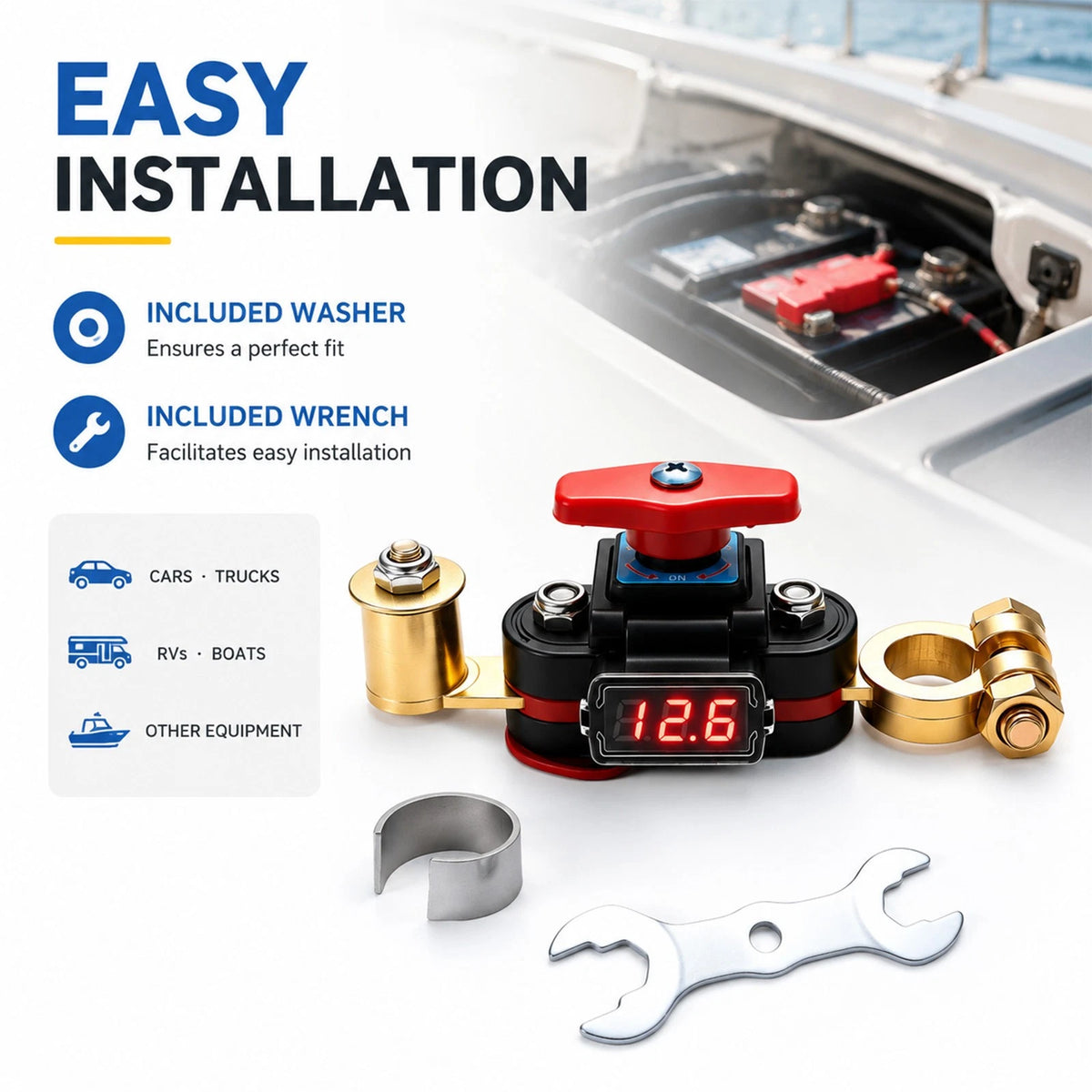 12V 24V Battery Disconnect Switch w/ LED Display Includes Wrench and Shim Kit