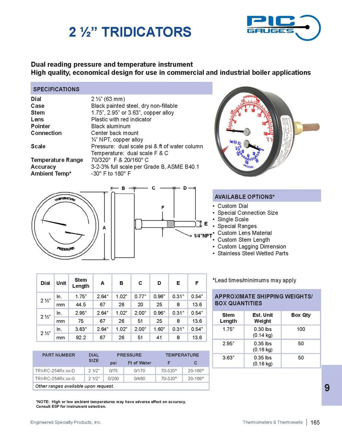 PIC Gauges TRI-RC-254R1.75-D Commercial Tridicator, Black Steel Case, Bronze...