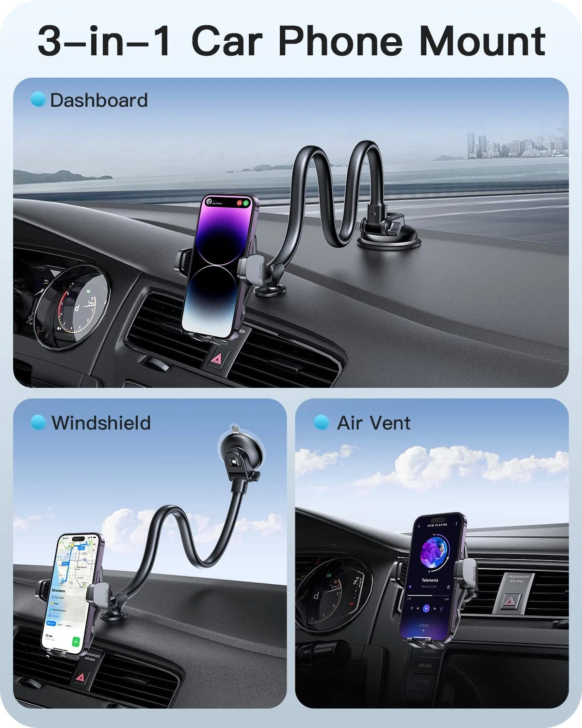 APPS2Car 13" Gooseneck Phone Mount for Car Windshield 13 inches Arm, Black