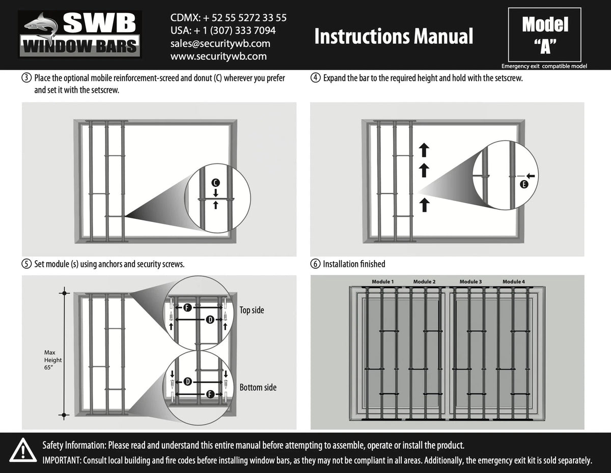 Window Bars - SWB | Adaptable Security for Windows | Model Grande, Black