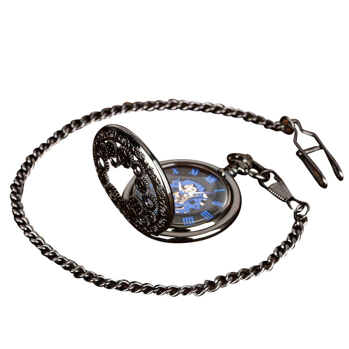 Mens Skeleton Mechanical Pocket Watch Hollow half Hunter Pocket Watch with Chain