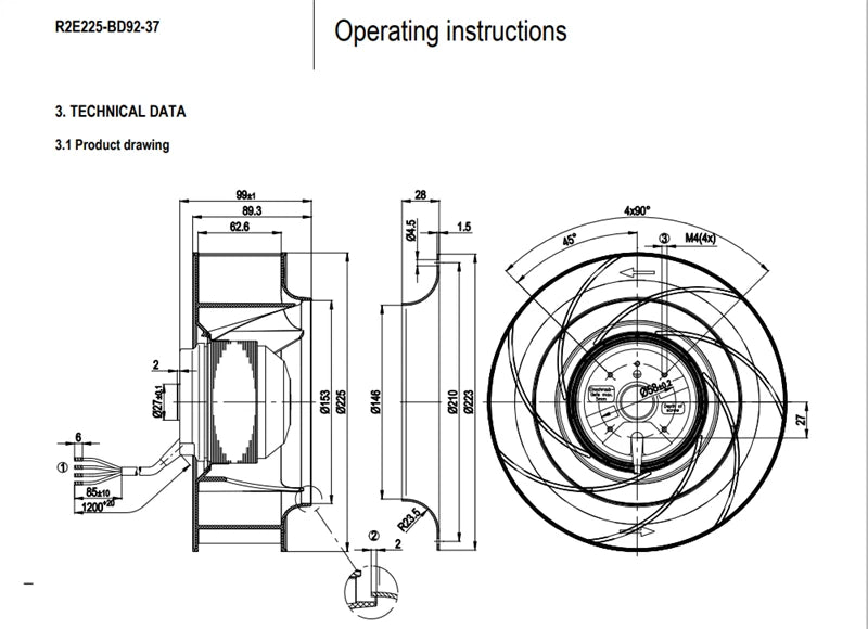 Ebmpapst R2E225-BD92-37 AC Centrifugal Fan 230V ??225MM 0.6/0.93A 135/210W Fan