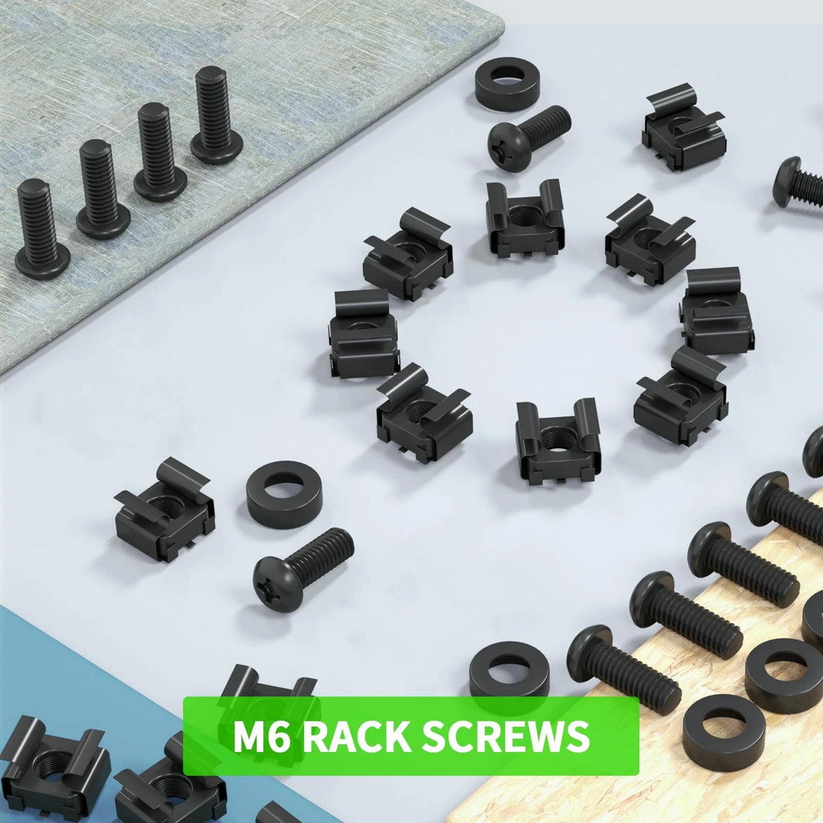 50 PACK M6 x 16mm Rack Mount Cage Nuts, Screws and Washers for 50 pcs, Black