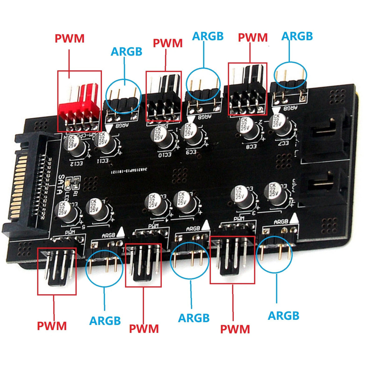 SATA 1 to 6 Way PWM /ARGB Device Expander 4Pin Cooling Fans Hub Splitter Adapter