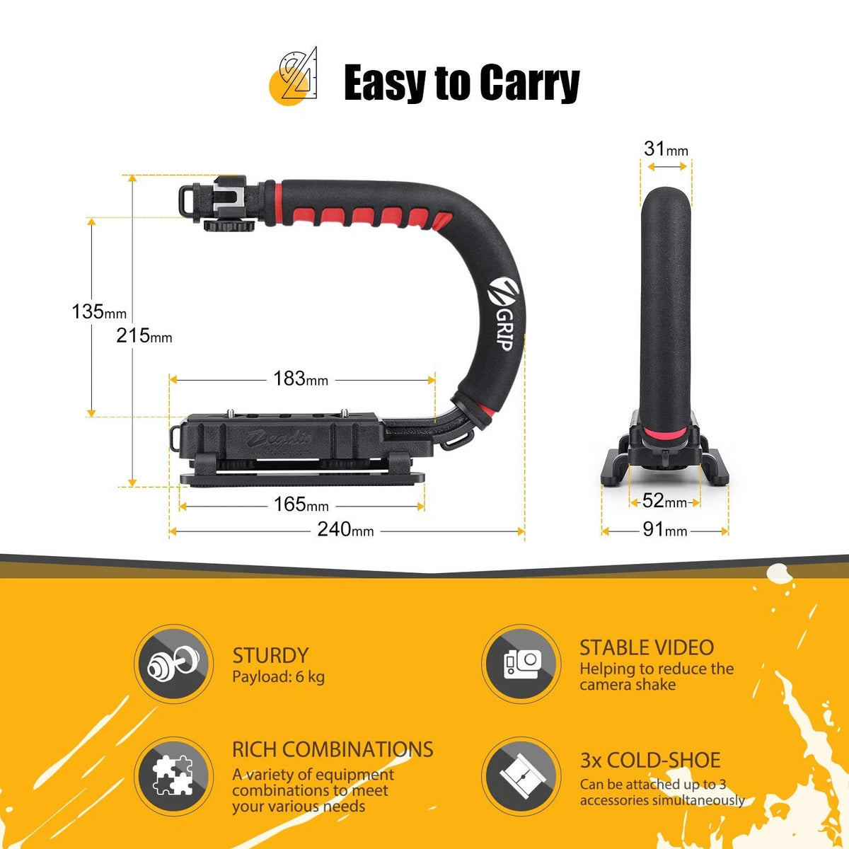 Zeadio Video Action Stabilizing Handle Grip Handheld Stabilizer with Black