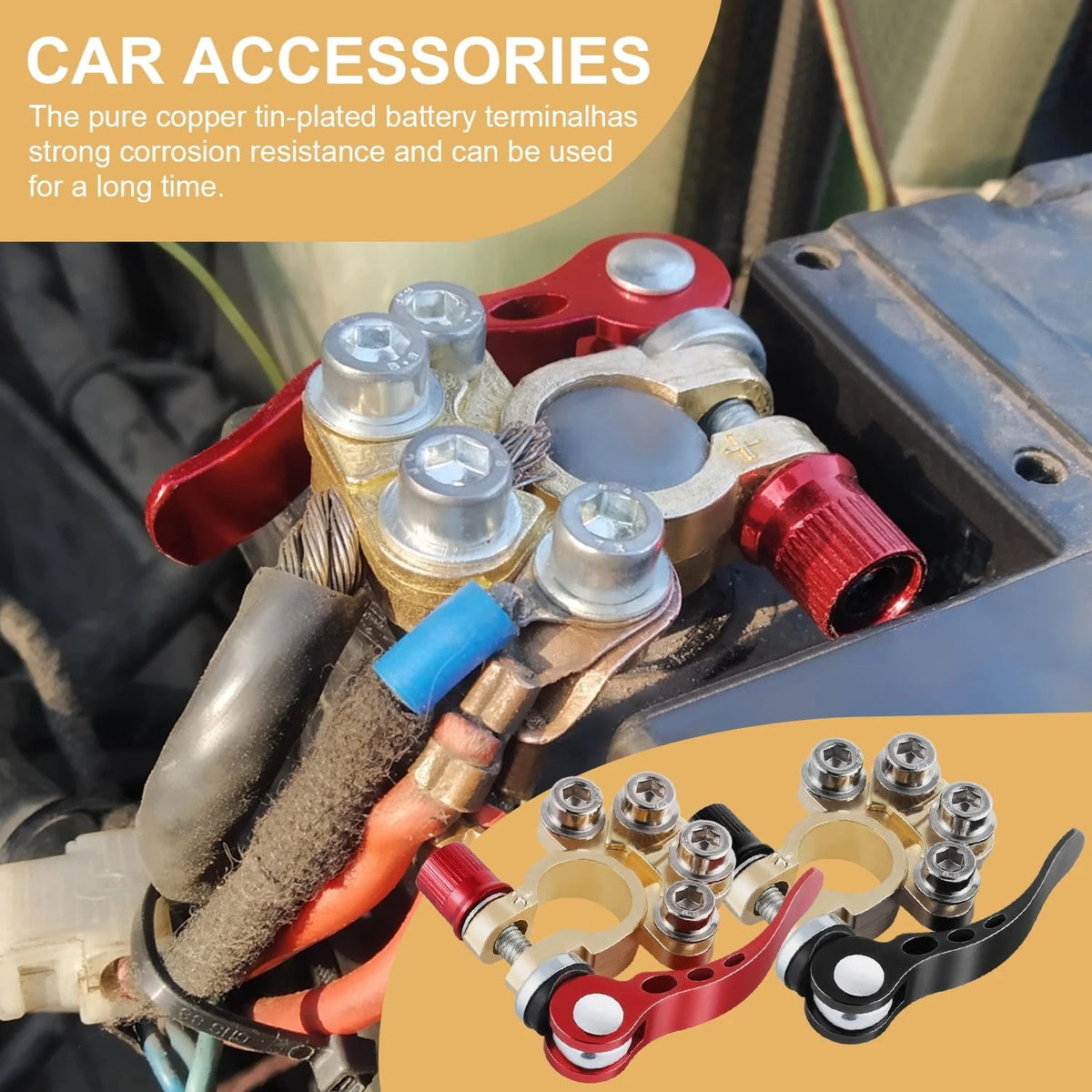 SINGARO Car Battery Terminal Connector, 4 Way Positive and 4 Way-Gold-A