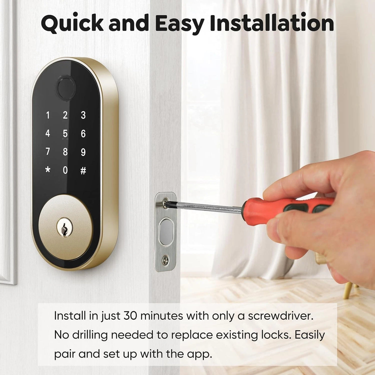 Fingerprint Smart Deadbolt with Keypad – Keyless Entry Standard, Bright Brass
