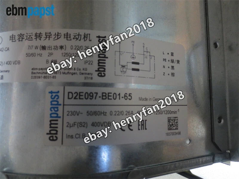 Ebmpapst D2E097-BE01-65 Centrifugal Fan 230VAC 48/54W 0.22/0.26A Cooling Fan